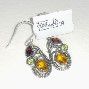 Sterling Silver Dangle Earrings with Citrine, Garnet, and Peridot